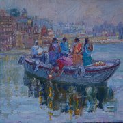 "Light Offering to the Holy Ganga"  7,½" x 9,½" (19 x 24 cm) Oil on canvas 2014